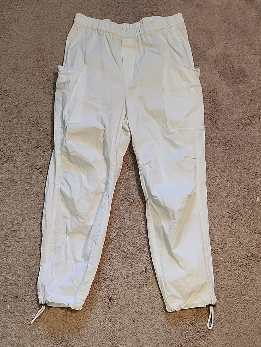 Women's White Casual Cargo Pants - Elastic Waist & Ankle